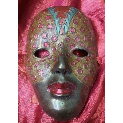 Solid Brass India Woman Face Painted Mask Mardi Gras Palm 5 1/2" tall 4 1/4"   253793916501